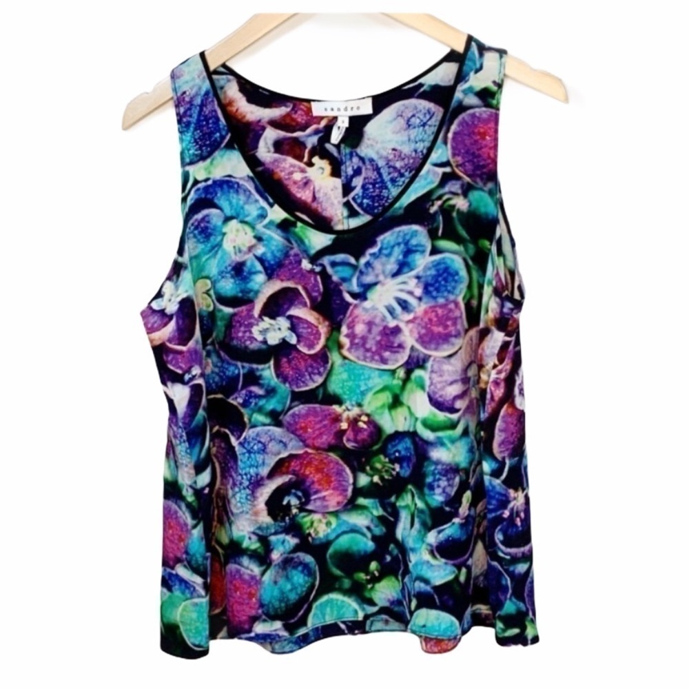 Sandro Bright Orchid Floral Print Silk Shell - Picture 2 of 7